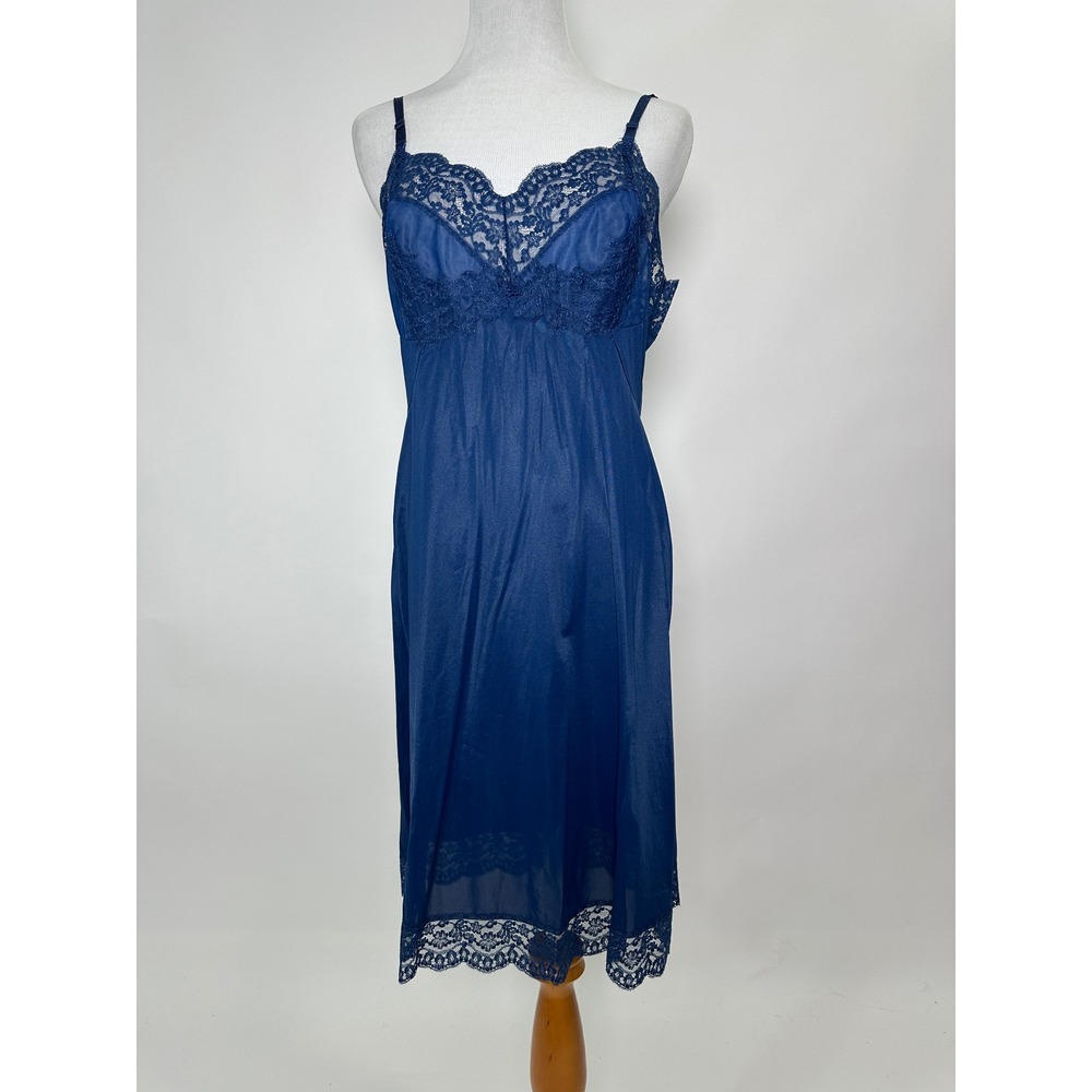 Vintage 1970s Hollywood Vassarette Rare Midnight Blue Lace Full Slip Dress S/M